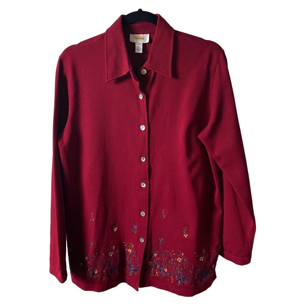 Talbots Women Sz Small Floral Embroidered Red Button Oversized Front Jacket